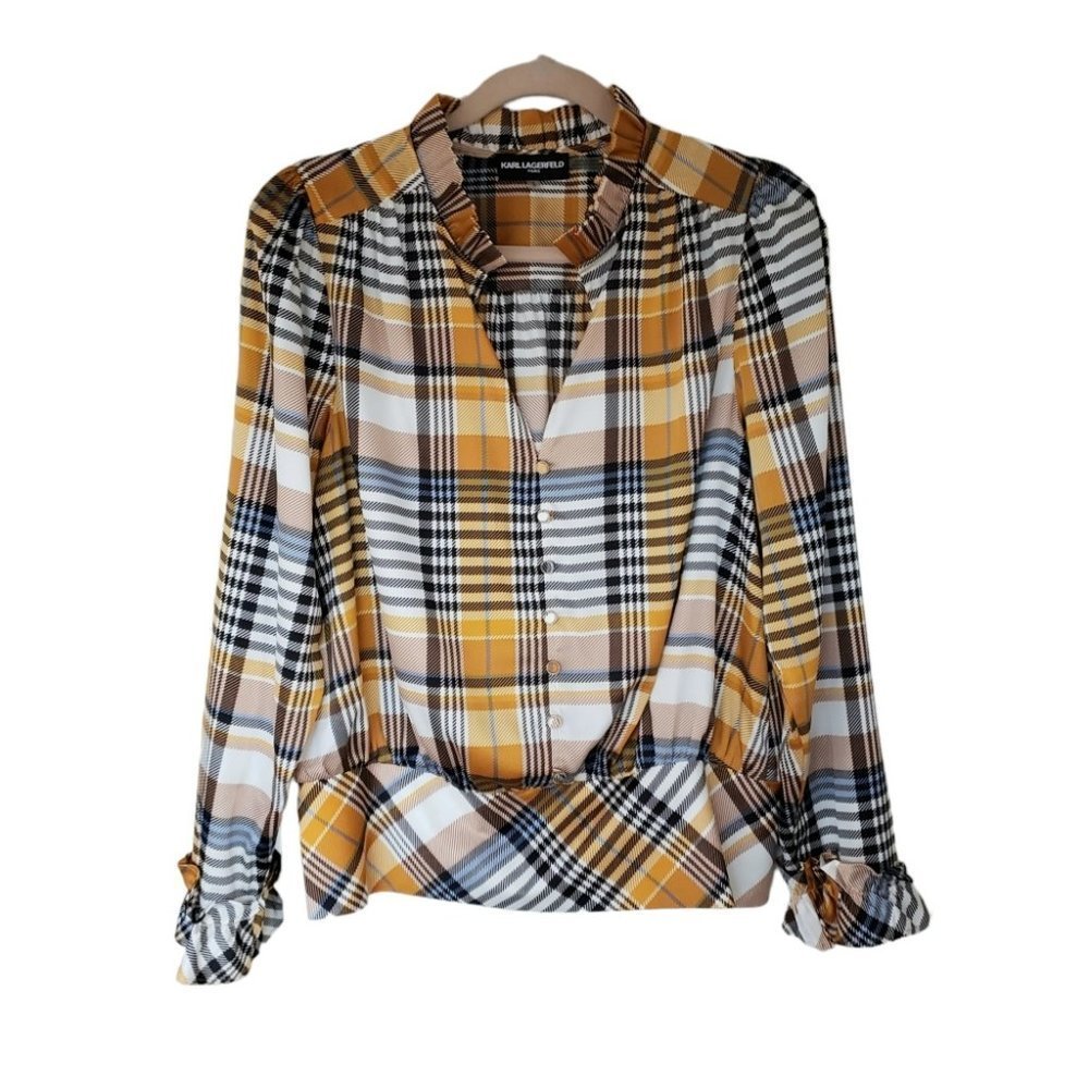 Karl Lagerfeld plaid smocked ruffled blouse yellow and blue